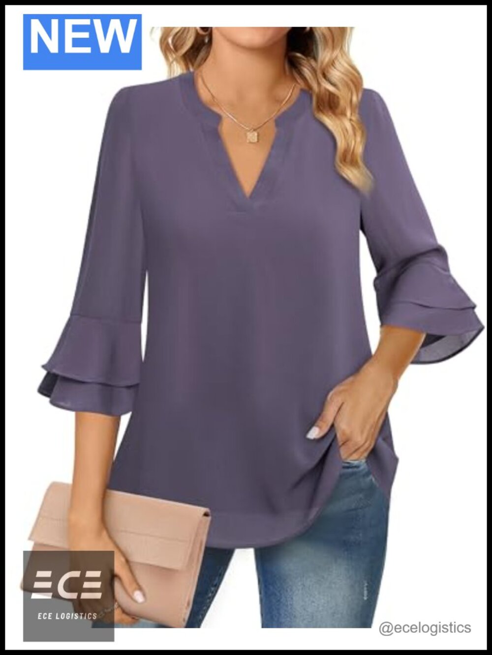 Womens Chiffon Blouse 3/4 Bell Sleeve V-Neck Tunic Business Work Top